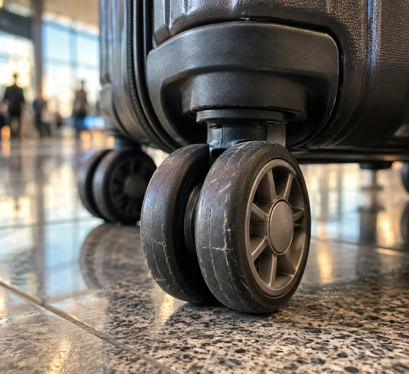 Двойные полиуретановые колёса чемодана Samsonite Nuon крупным планом после трёх перелётов на мультимаршруте через Стамбул