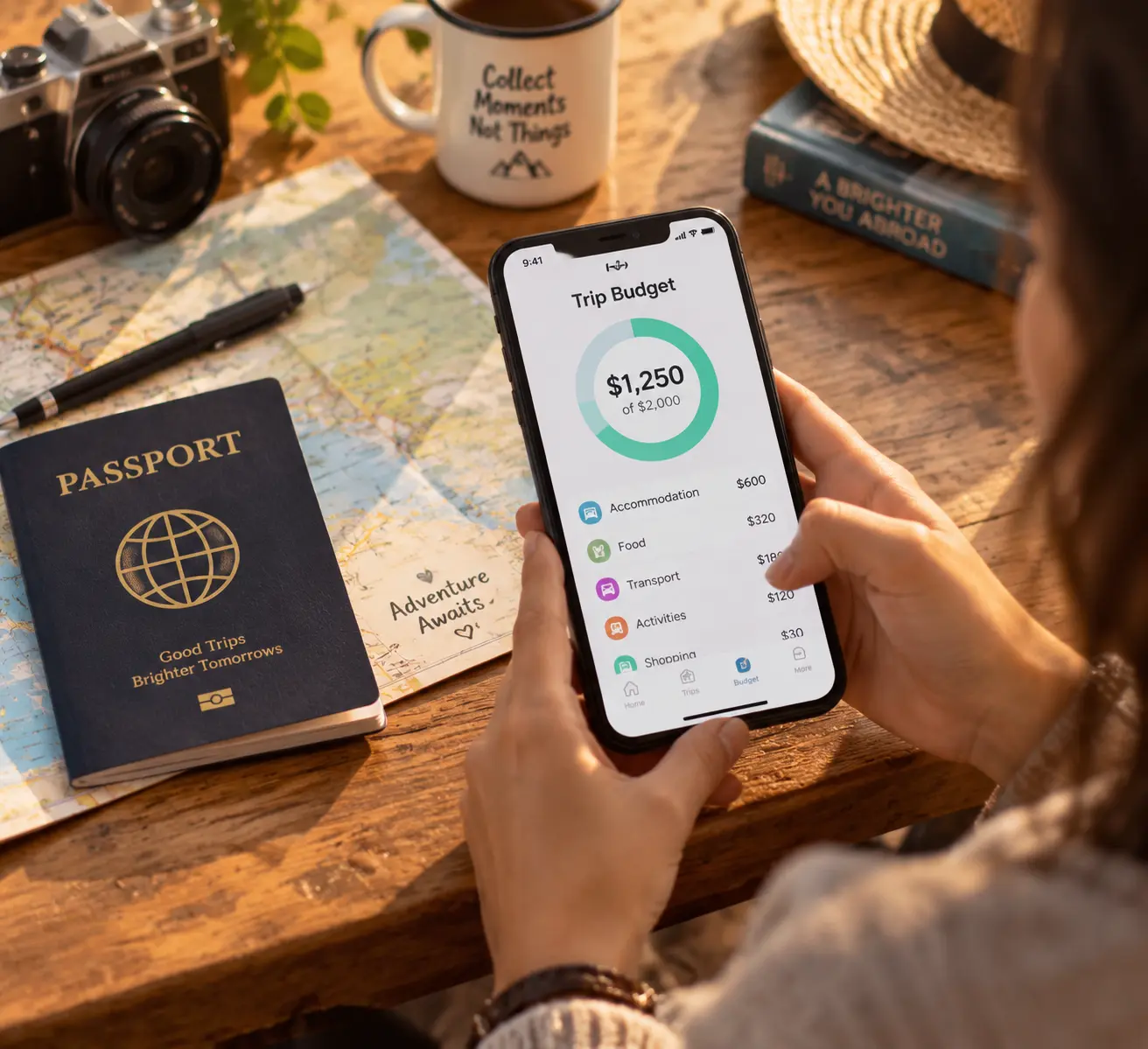 Путешественник смотрит на смартфон, где открыто приложение TripScan для учёта бюджета поездки по трём странам, стоя в аэропорту.