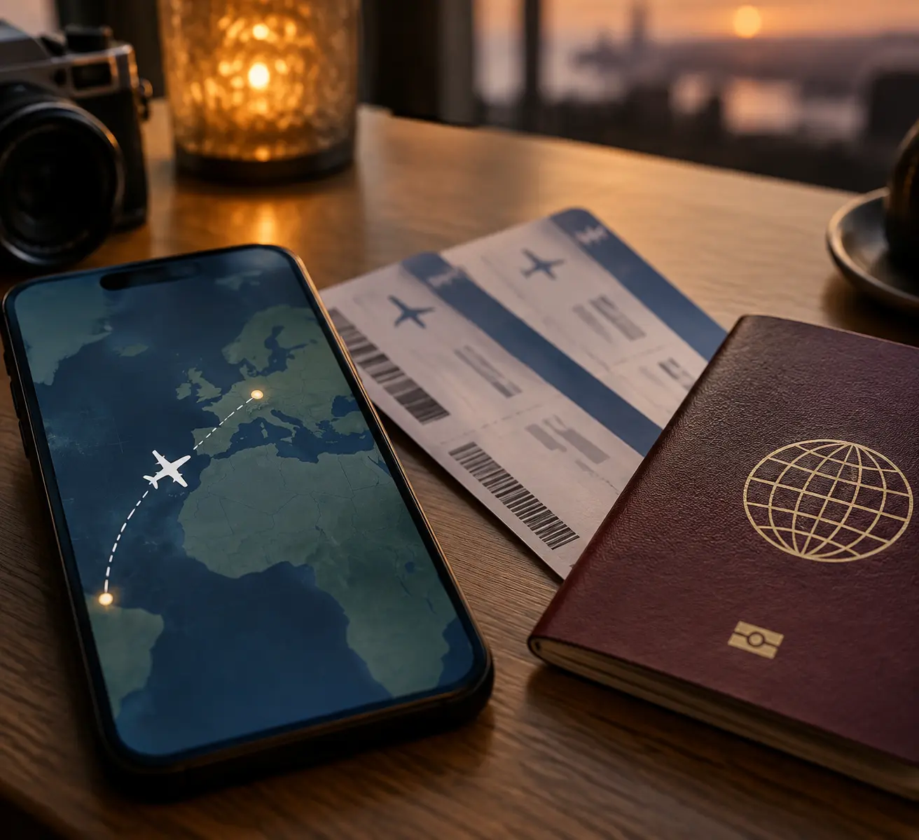 Экран смартфона с картой перелётов между четырьмя странами, лежащий на столе рядом с посадочными талонами и паспортом перед ночным транзитом