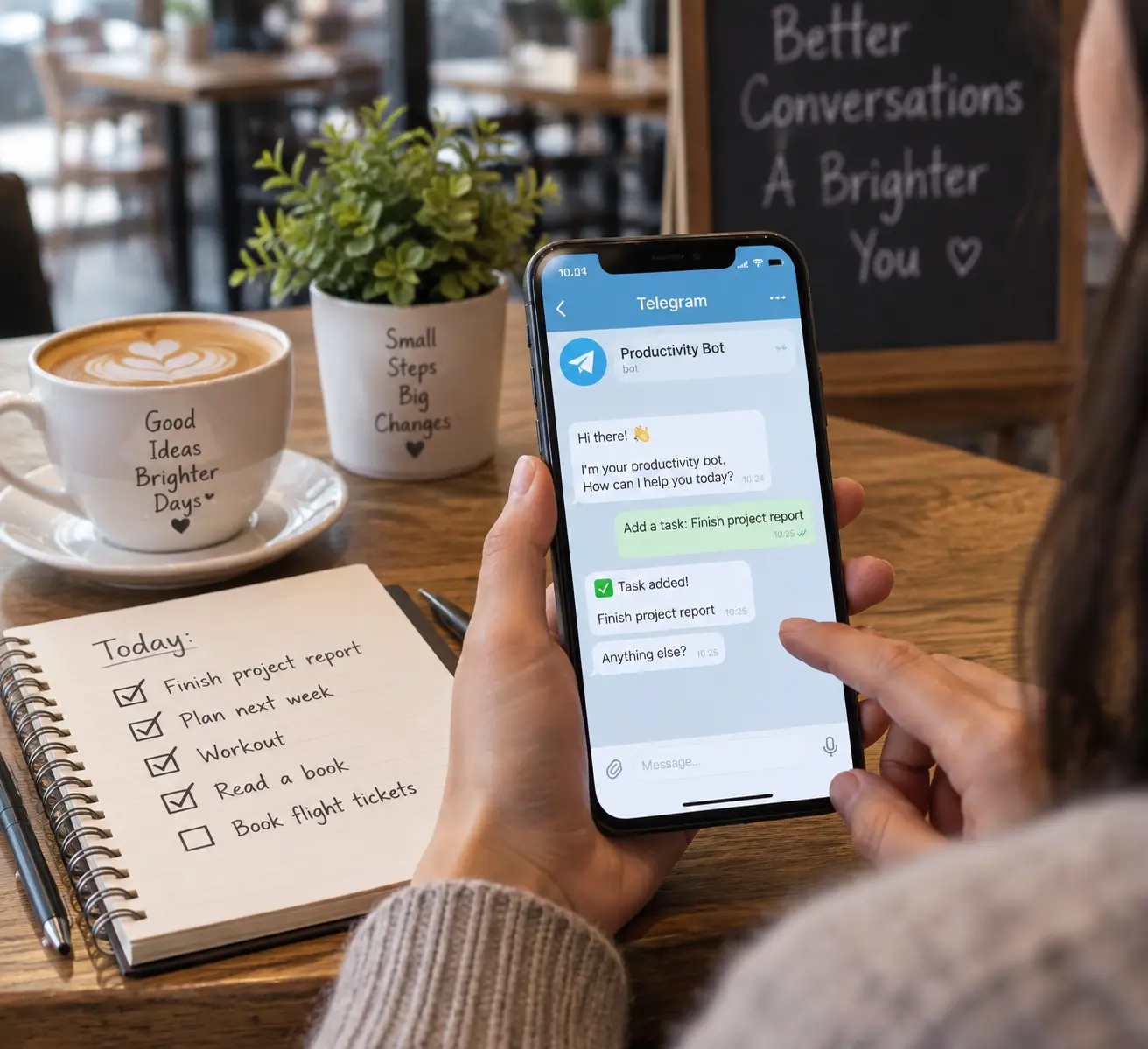 Пользователь выполняет поиск актуальной ссылки на TripScan через Telegram-бот, проверяя шаги на смартфоне в кафе за чашкой кофе.