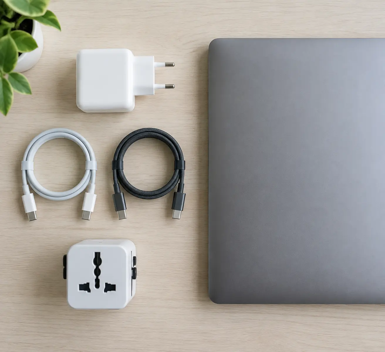 GaN-зарядка, два кабеля USB-C и дорожный переходник лежат рядом с ноутбуком перед проверкой совместной работы устройств дома до поездки.