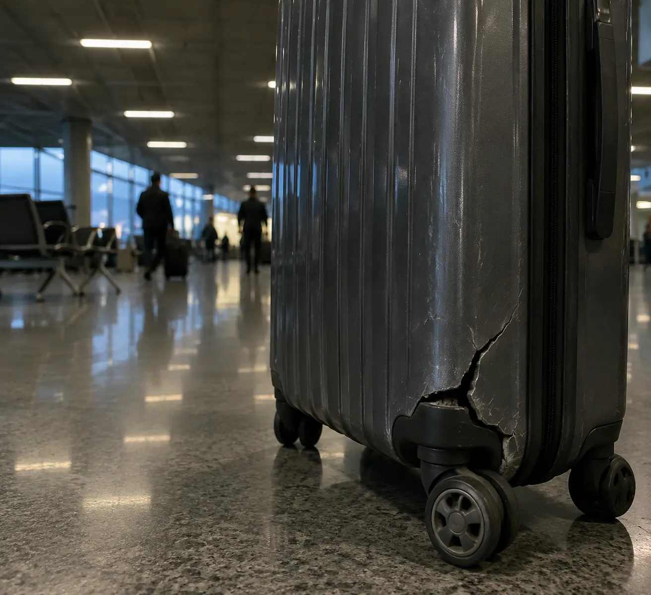 Жёсткий чемодан из поликарбоната с трещиной у колеса стоит в аэропорту Лимы после перелёта между четырьмя странами в пять утра